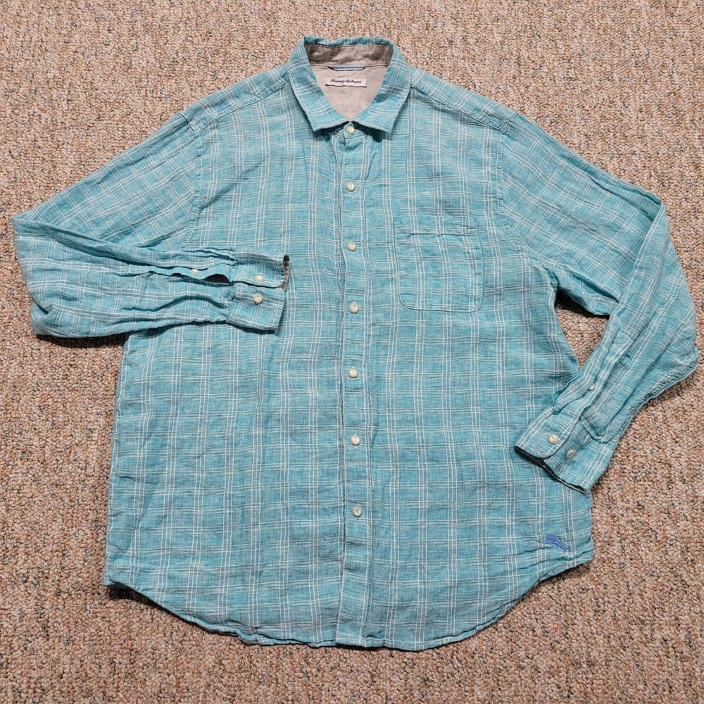 Tommy Bahama Shirt Mens XL Blue Plaid Linen Button Up Casual Beach Resort Tiki